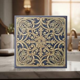 Carreau Motif baroque orné Pat#2 bleu or ID1195