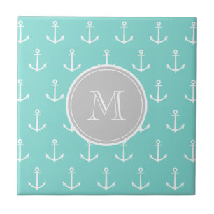 Carreau Motif blanc vert en bon état d'Ancres, monogramme