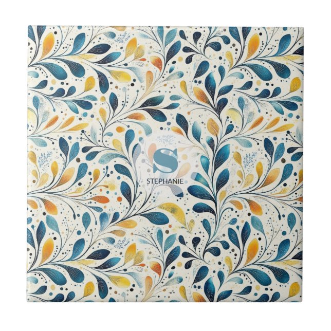 Carreau Motif bleu et or Paisley Leaf (2) (Devant)