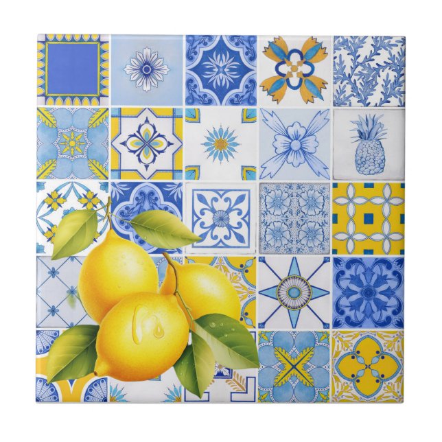 Carreau Motif bleu italien Citron Bridesmaid cadeau été (Devant)