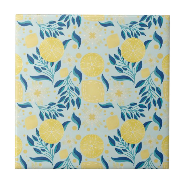 Carreau Motif botanique bleu citron coloré (Devant)