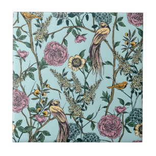 Carreau Motif botanique de couleur bleue de style vintage 