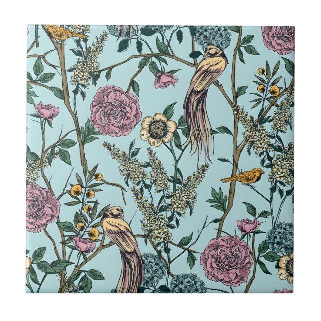 Carreau Motif botanique de couleur bleue de style vintage  (Devant)