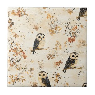 Carreau Motif botanique de forêt de hibou beige d'automne