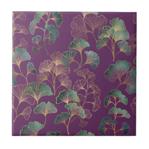 Carreau Motif botanique japonais Ginkgo or pourpre