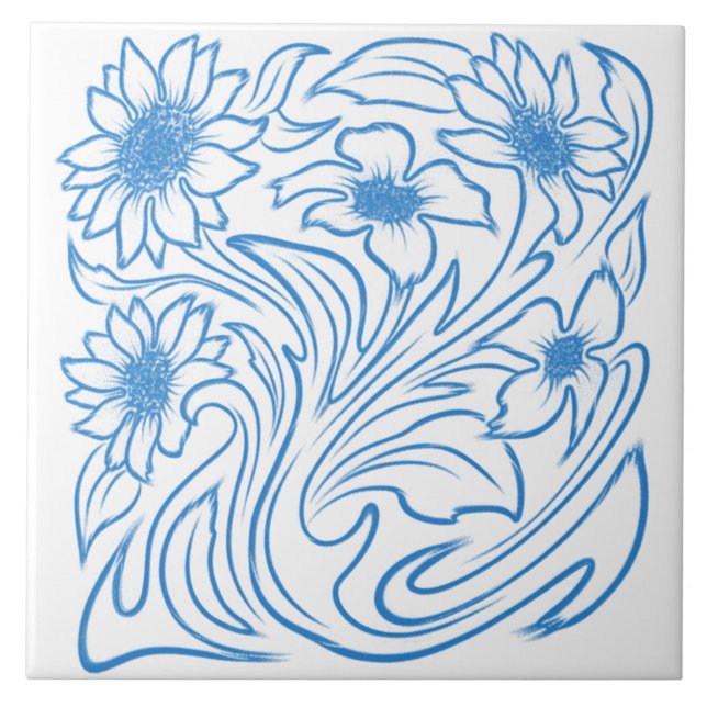 Carreau Motif Botanique Tourbillon Floral Bleu (Devant)