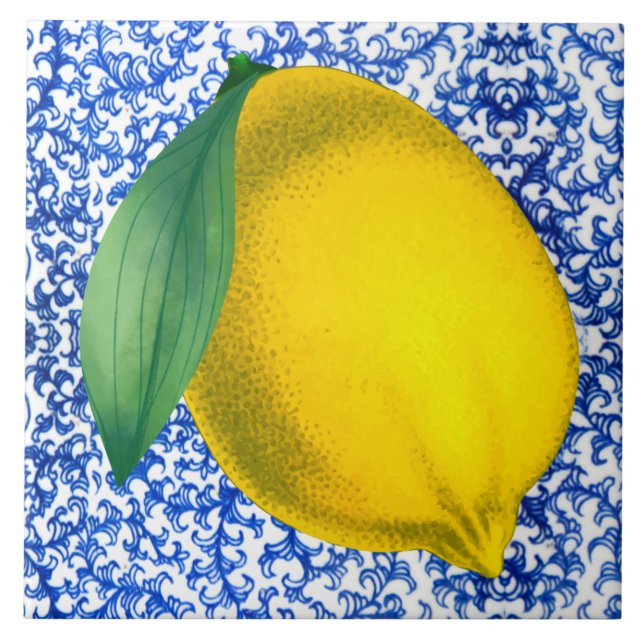 Carreau Motif citron bleu porcelaine blanche (Devant)