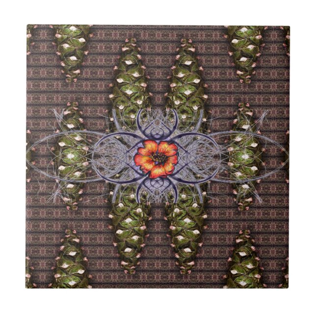Carreau Motif cône de pin et fleur rouge (Devant)