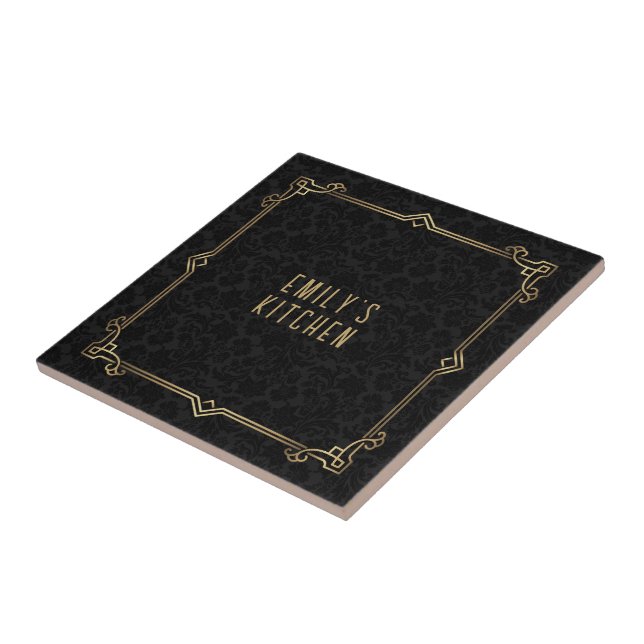 Carreau Motif Damas Noir, Cadre Art Déco, Texte Personnali (Côté)