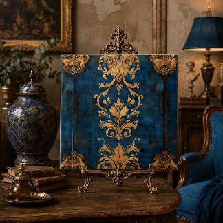 Carreau Motif damassé baroque en détresse bleu or