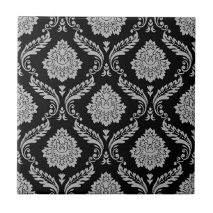 Carreau Motif Damassé Rococo Gris sur Fond Noir
