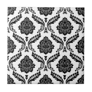 Carreau Motif Damassé Rococo Noir sur Blanc