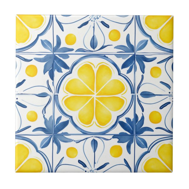 Carreau Motif d'aquarelle bleu et jaune méditerranéen (Devant)