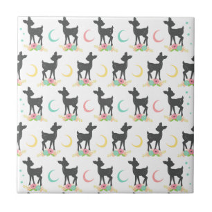 Carreau Motif de cerfs, Cerf de bébé, Boho, Fleurs, Lune