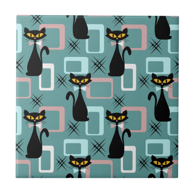 Carreau Motif de chat noir du milieu du siècle (Devant)