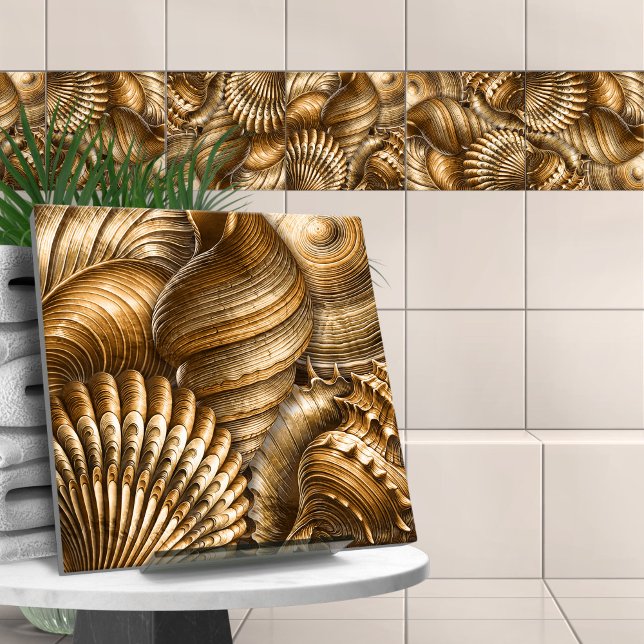 Carreau Motif de coquillages d'aquarelles dorées (Créateur téléchargé)