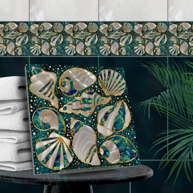 Carreau Motif de coquillages - marbre d'aqua, perle et or (Créateur téléchargé)