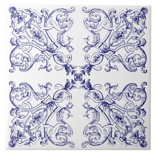 Carreau Motif de coquillages Rococo Baroque Bleu & Blanc (Devant)