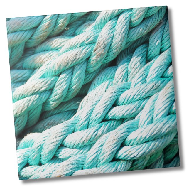 Carreau Motif de corde bleue marine côtière (Distressed Aqua Blue Boat Rope Nautical Print Ceramic Tile)