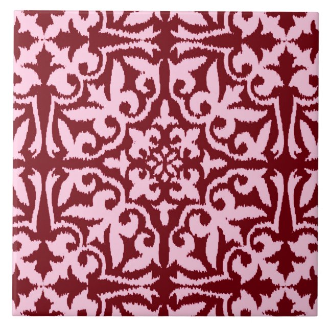 Carreau Motif de damassé d'Ikat - Bourgogne et rose (Devant)