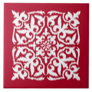 Carreau Motif de damassé d'Ikat - rouge foncé et blanc