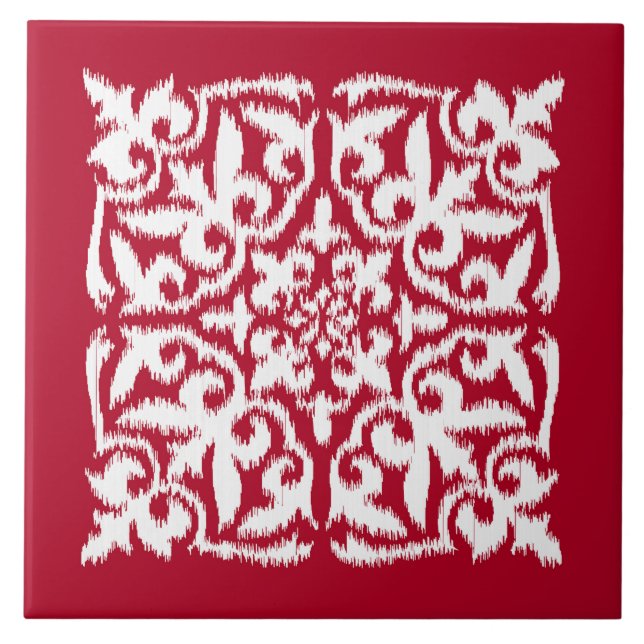 Carreau Motif de damassé d'Ikat - rouge foncé et blanc (Devant)