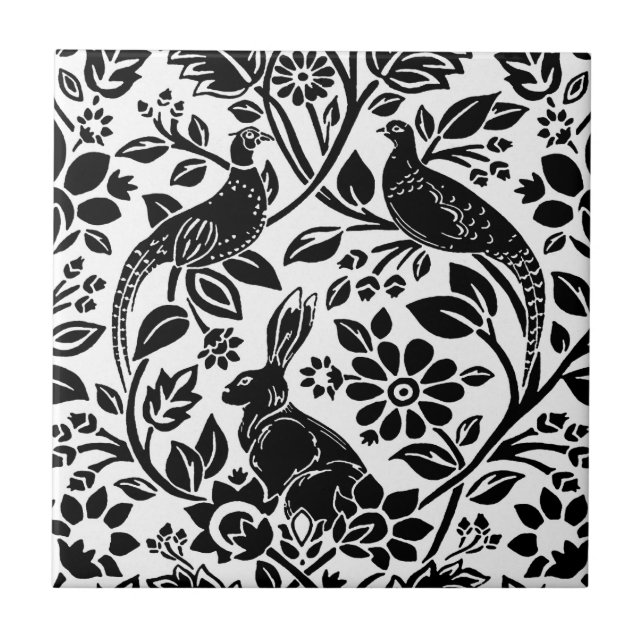 Carreau Motif de faisan et lièvre, blanc et noir (Devant)