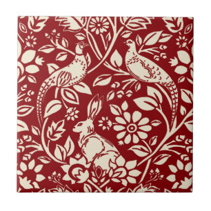 Carreau Motif de faisan et lièvre, rouge profond et crème