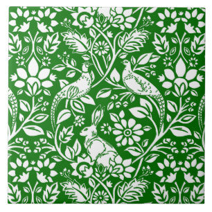 Carreau Motif de faisan et lièvre, vert émeraude et blanc