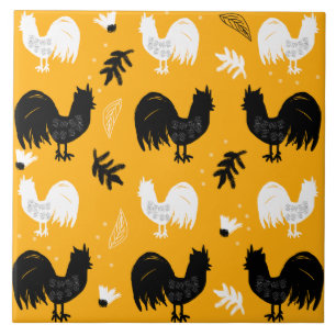 Carreau Motif de ferme floral dessiné à la main de coqs