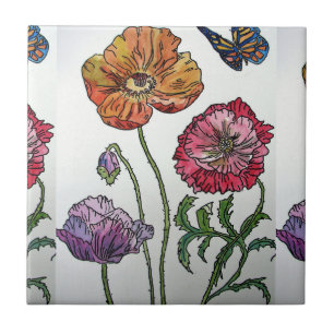 Carreau Motif de fleur aquarelle Poppy Rouge Orange Violet