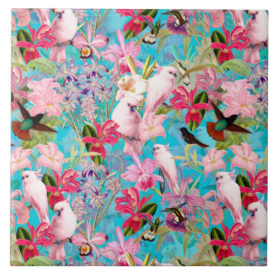 Carreau Motif De Fleur D'Oiseau Et D'Orchidées Rose Tropic