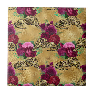 Carreau Motif de fleurs de la rose rouge de Cheetah Leopar