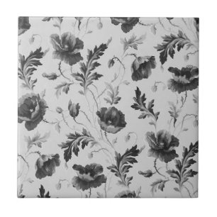 Carreau Motif de fleurs de pavots noir et blanc vintage 