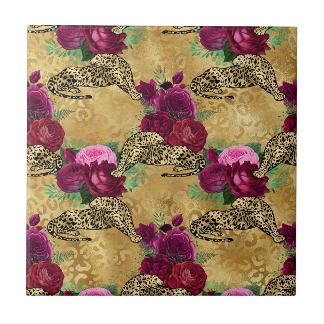 Carreau Motif de fleurs de rose rouge Cheetah Leopard (Devant)