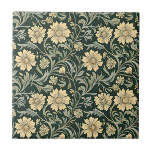 Carreau Motif de fleurs jaunes stylisées vert foncé