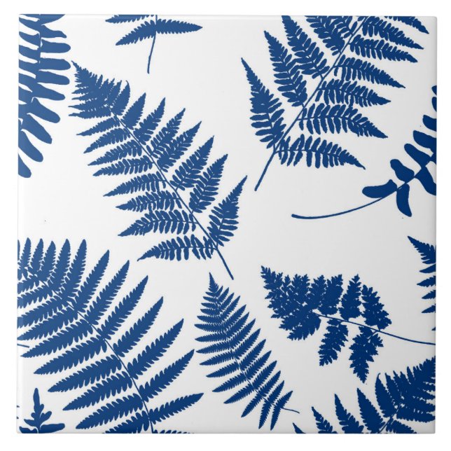 Carreau Motif de fougères de bois, bleu de Cobalt sur blan (Devant)