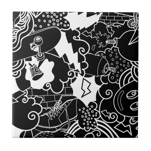 Carreau motif de graffiti urbain noir et blanc (Devant)