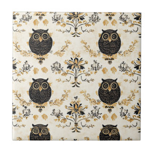 Carreau Motif de la nature beige vintage chouette