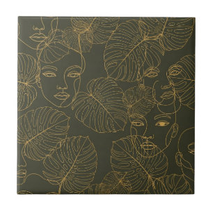 Carreau Motif de ligne de visage botanique rustique (3)