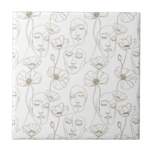 Carreau Motif de ligne de visage floral vintage noir et bl