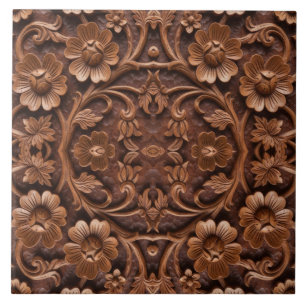 Carreau Motif de mandala floral sculpté en bois orné