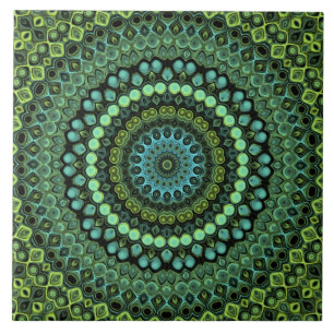 Carreau Motif de mandala kaléidoscope vert et sarcelle