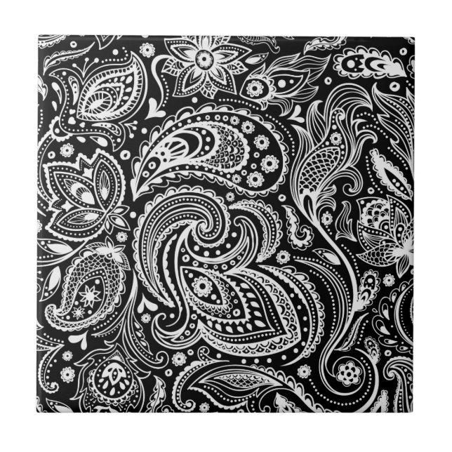 Carreau Motif de marguerite florale noir et blanc (Devant)