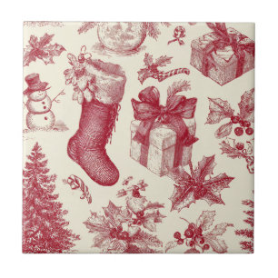 Carreau Motif de Noël Toile Rouge Vintage avec Chaussettes