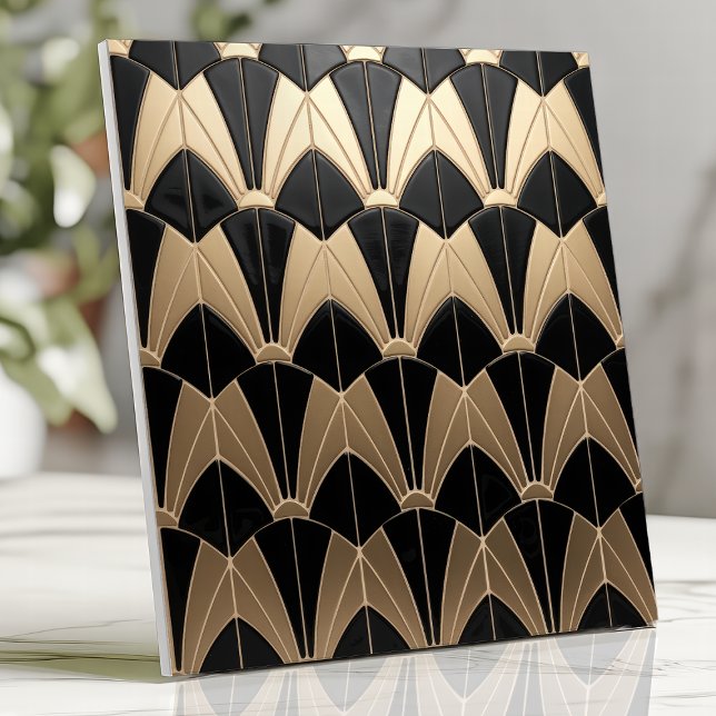 Carreau Motif de pétoncle noir et or Art déco (Créateur téléchargé)