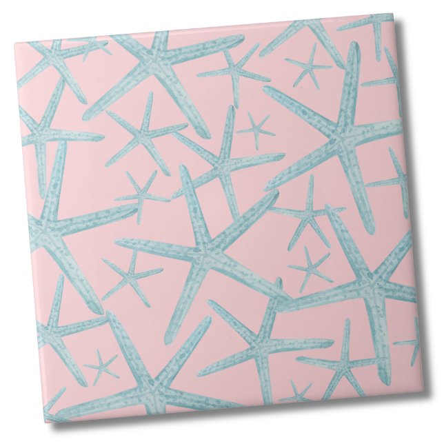 Carreau Motif de plage côtière (Blush Pink Teal Nautical Starfish Beach Pattern Ceramic Tile)