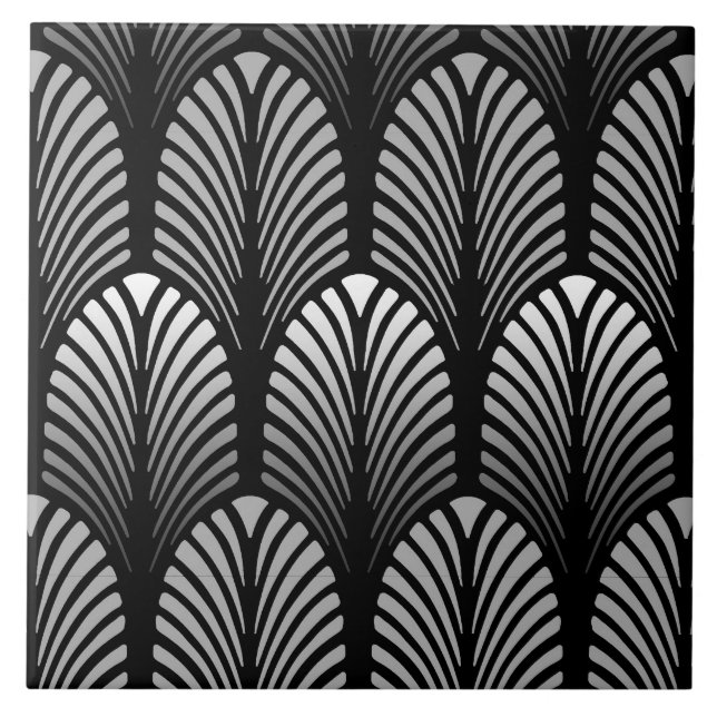 Carreau Motif de plume d'art déco, gris argenté et noir (Devant)