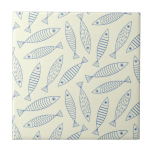 Carreau Motif de poisson sardine bleu doodle contour 