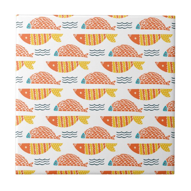 Carreau Motif de poissons de natation d'art populaire (Devant)